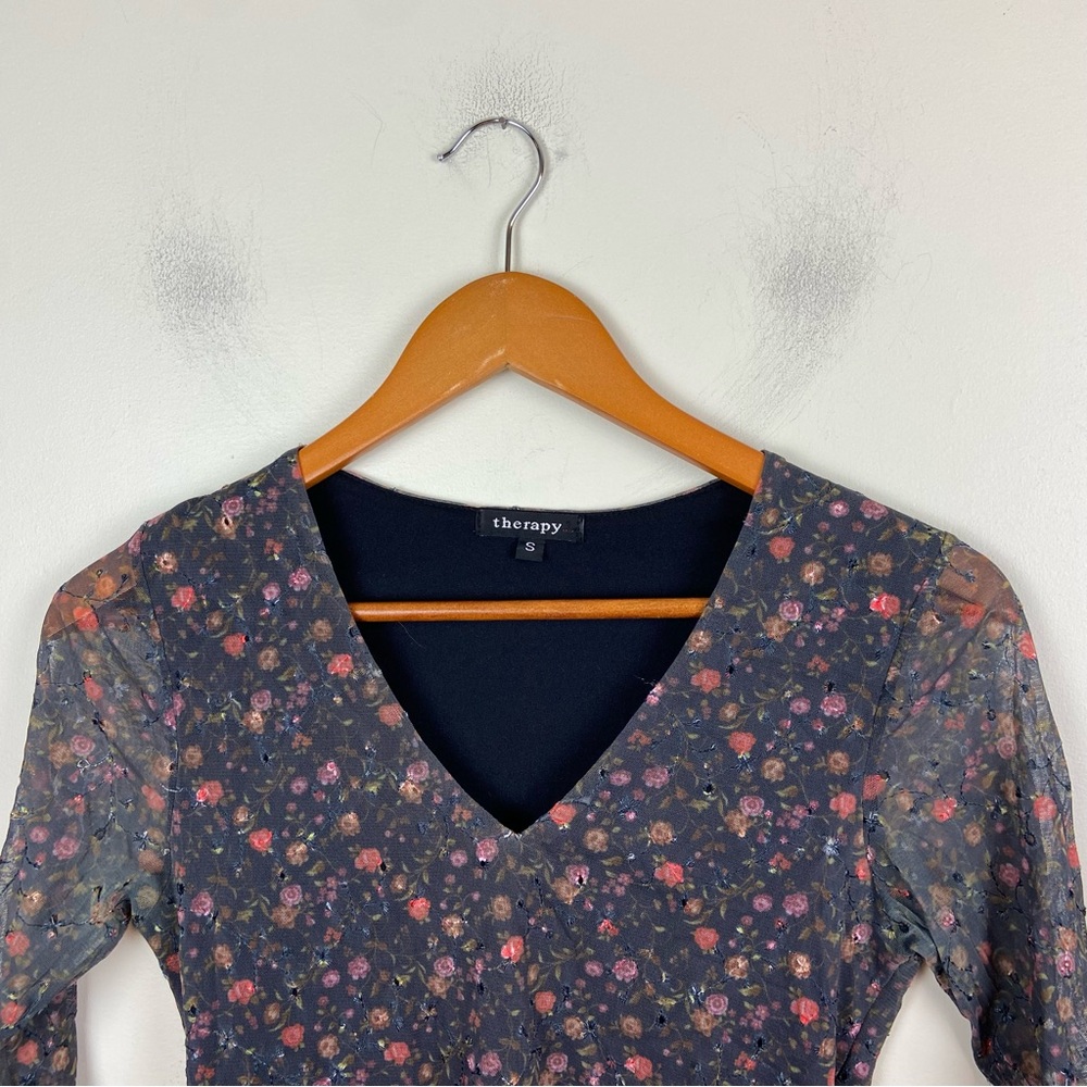 Therapy Micro Floral Sheer Sleeve Mesh Embroidered Eyelet Lettuce Hem Top Small - Picture 2 of 13